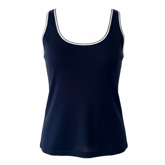 Linda Allard Ellen Tracy Navy with White Trim Sleeveless Scoop Neck Knit Sweater - Picture 1 of 7